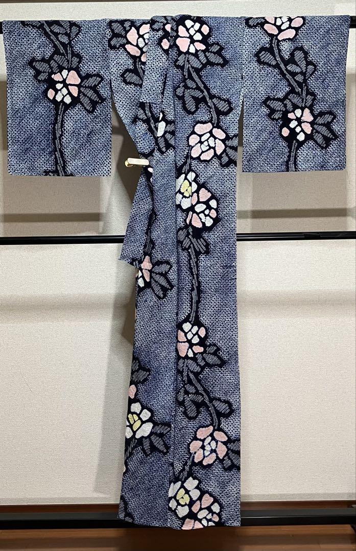 美品◆愛知県有松鳴海絞り◆浴衣◆木綿◆総手絞り◆居敷当て付き◆裄64肩丈147 厳選○夏物浴衣◇美品◇愛知県有松鳴海絞り◇木綿◇総手絞り◇裄