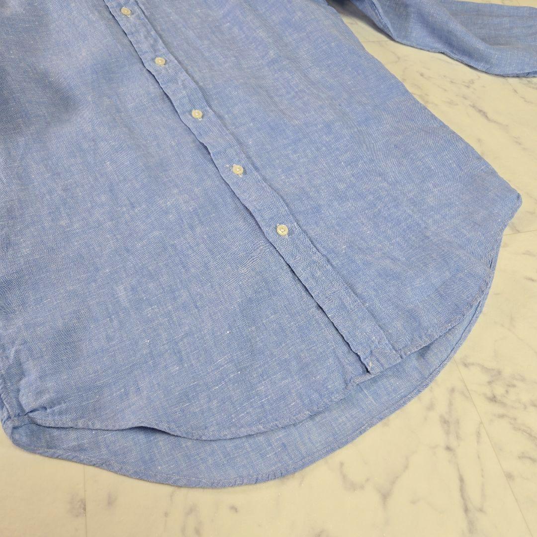 人気♥️ラルフローレン 麻 リネン 長袖シャツ 刺繍ロゴ L相当 ブルー