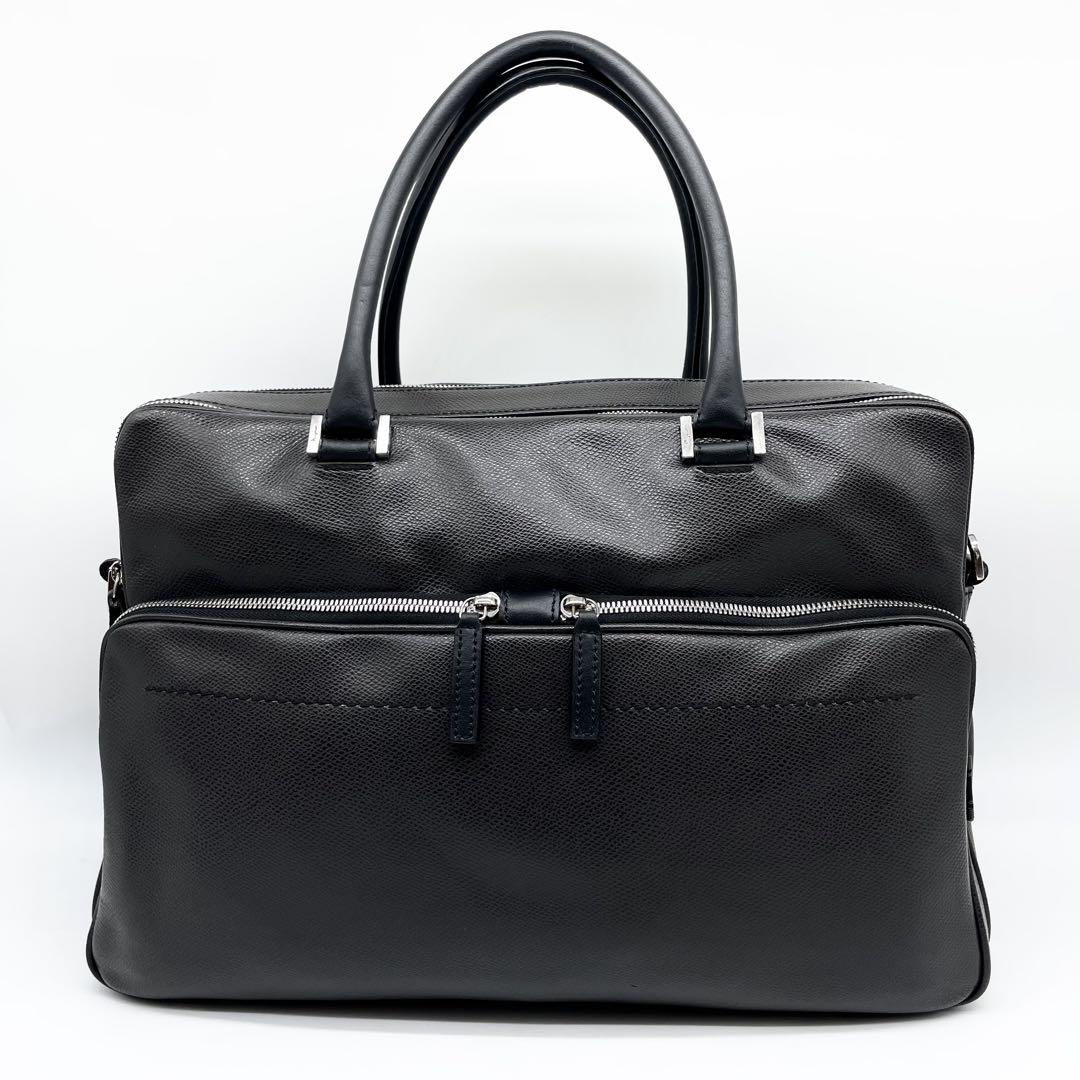 【美品】フェラガモ 2WAY ビジネスバッグ レザー 濃灰 ロゴショルダー