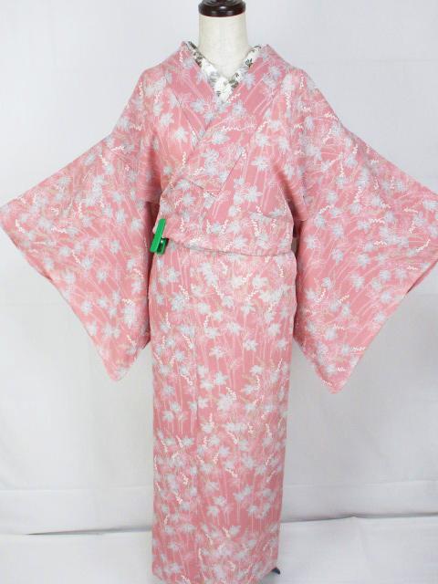 未着用に近い！絹絽＊サーモンピンク＊実のなる植物＊夏物＊着物＊１６２ｃｍ＊裄６４