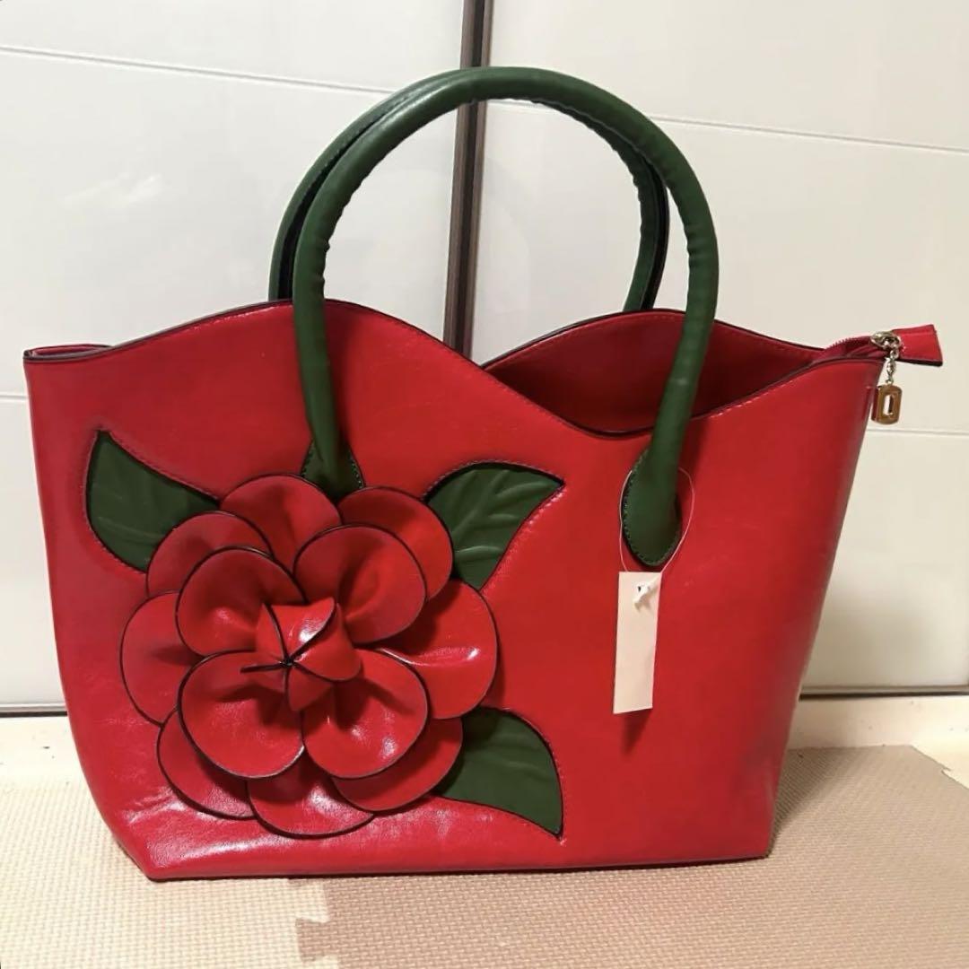 花咲く流線ライン　トートバッグ　立体　個性　レトロ　赤　紅色　希少　新品未使用