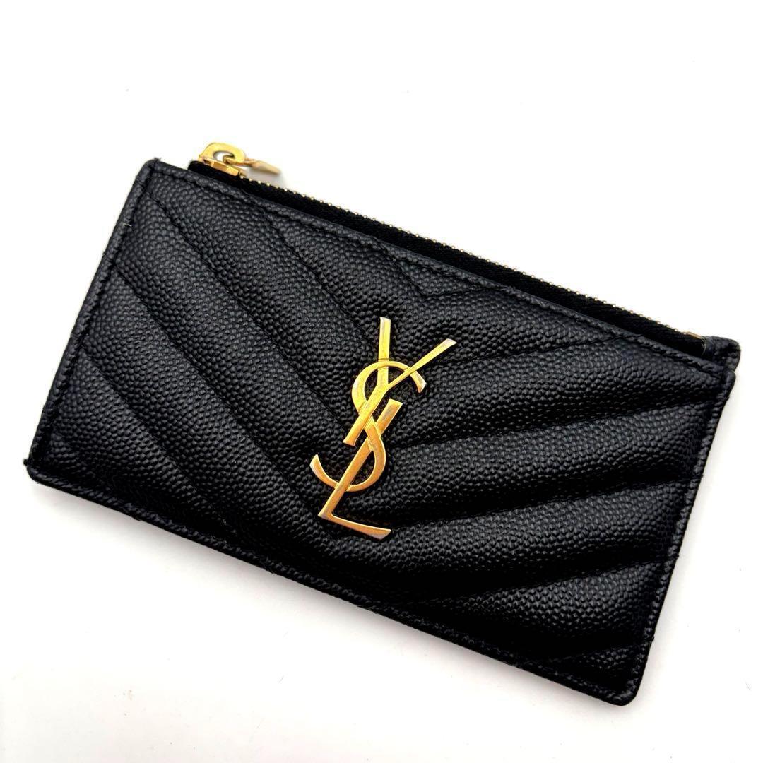 美品 サンローラン フラグメントケース キャビアスキン Vステッチ ブラック