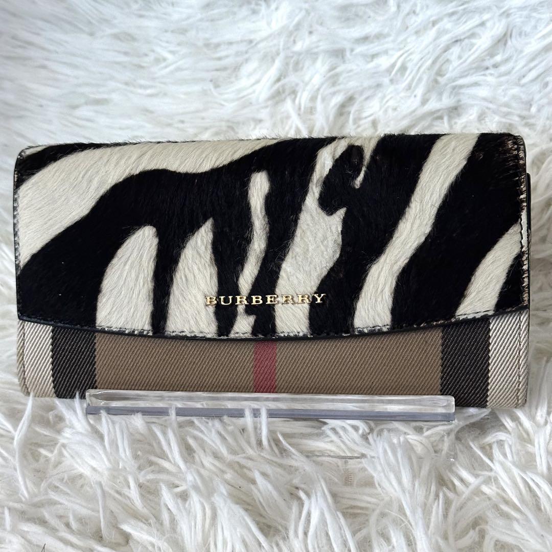 BURBERRY 長財布 ノバチェック アニマル ハラコ ゴールド金具 フラップ