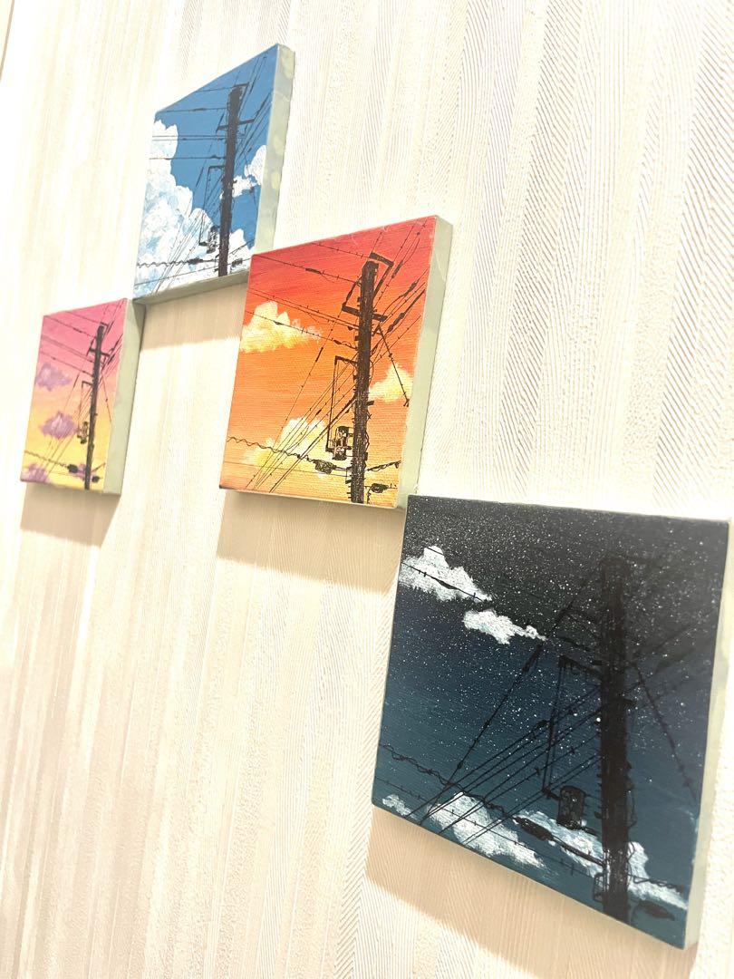 アクリルアート アクリル絵の具 電柱 空 雲 風景画 アートパネル