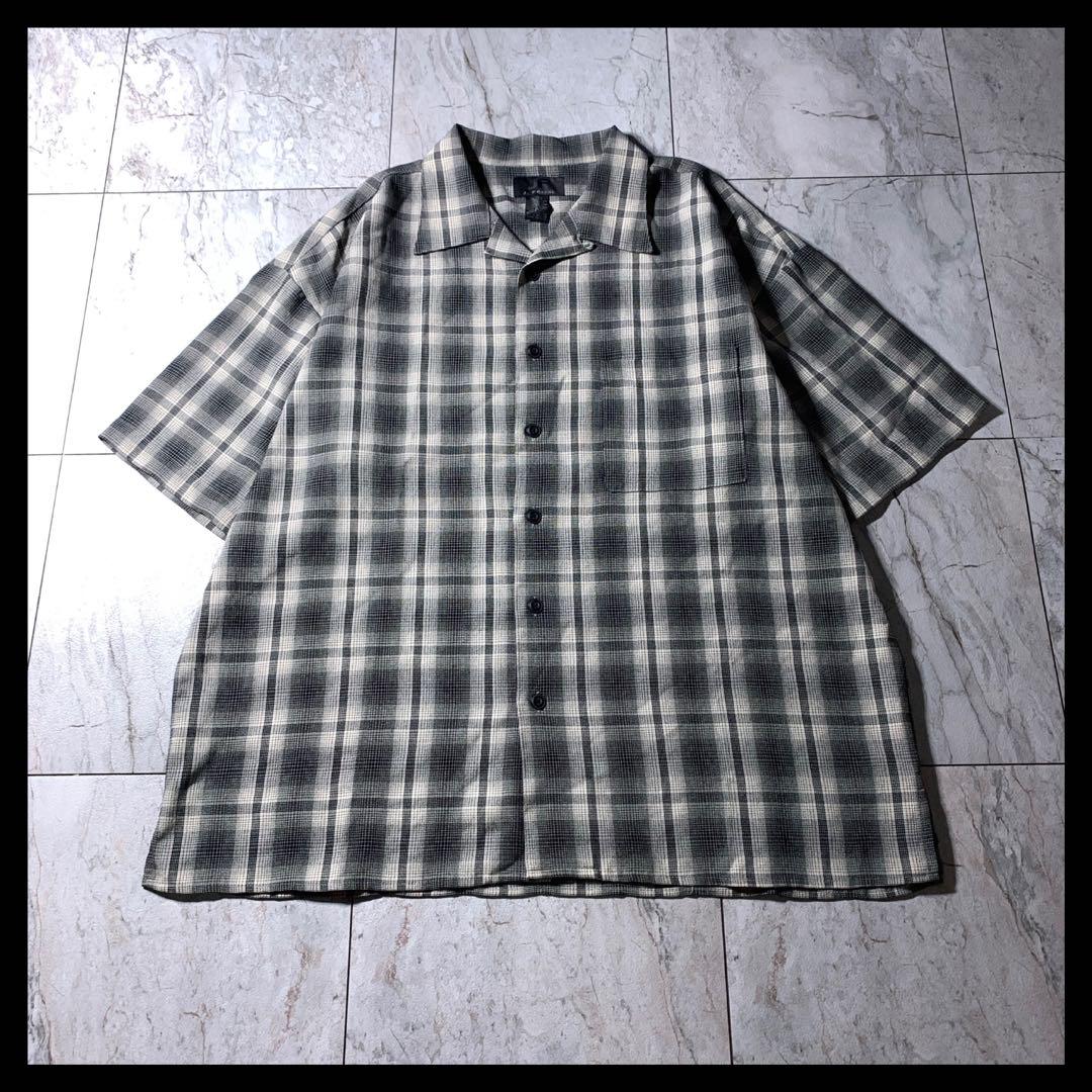 90s〜 オープンカラー 短丈 レーヨン シャツ 半袖 オンブレチェック 黒白