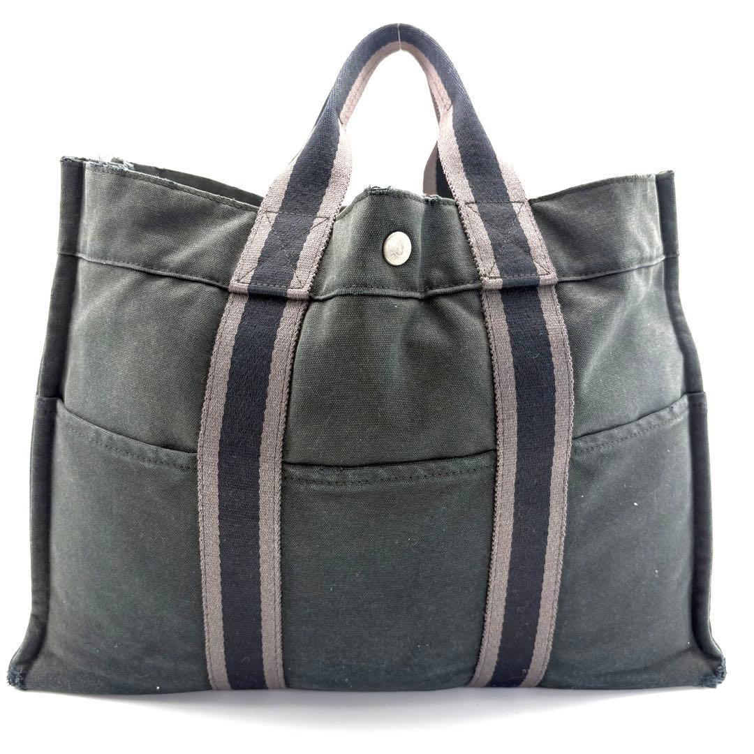 HERMES フールトゥ MM トートバッグ キャンバス ストライプ グレー HERMES フールトゥ MM トートバッグ キャンバス ストライプ グレー
