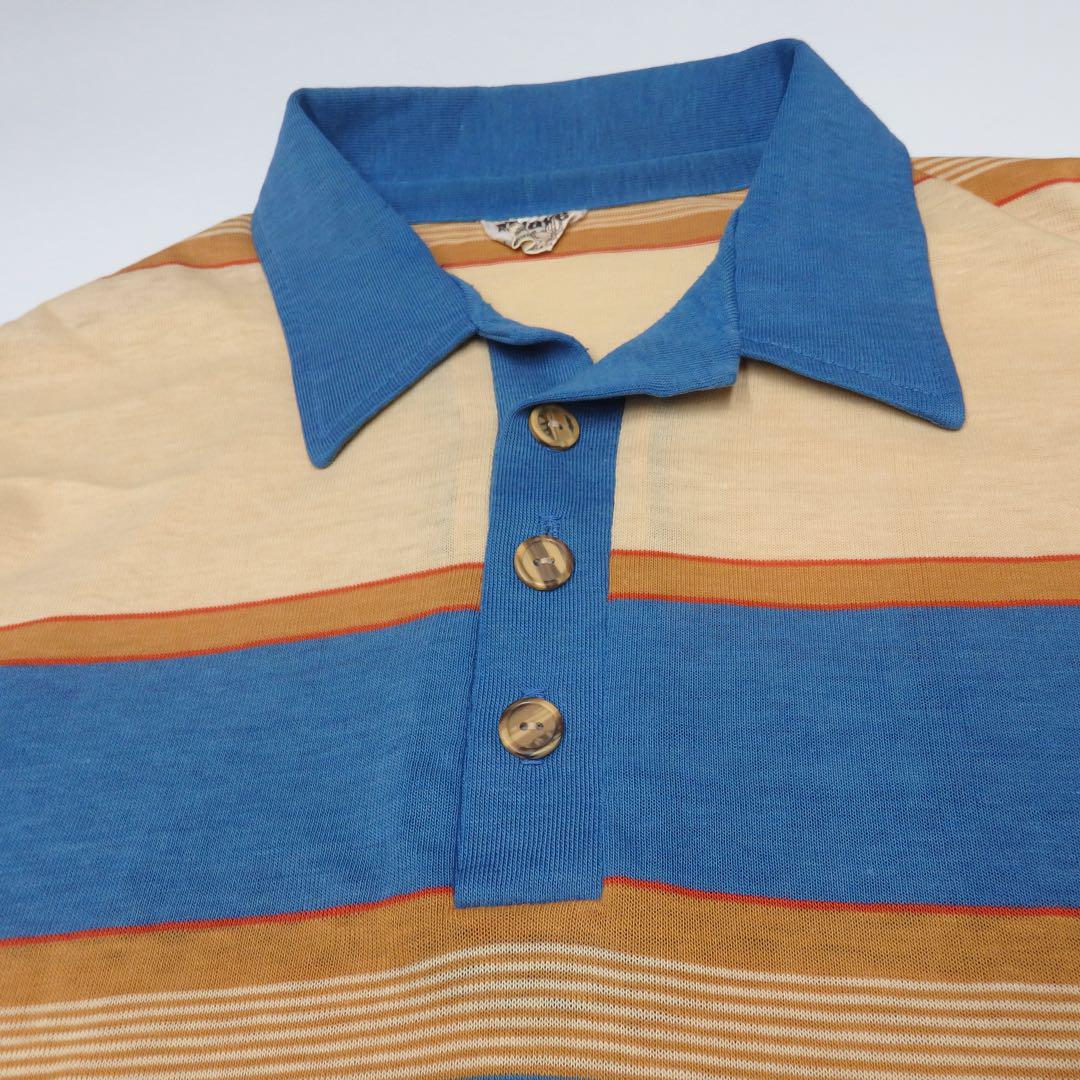 【好配色】70s ボーダー 半袖ポロシャツ XL ビンテージ ヒッピー 古着