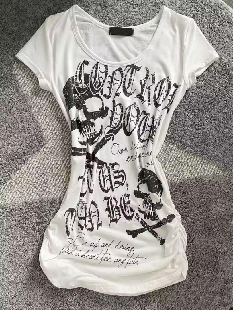 y2k 平成 ギャル レトロ Tシャツ スカル プリント ドクロ スリム