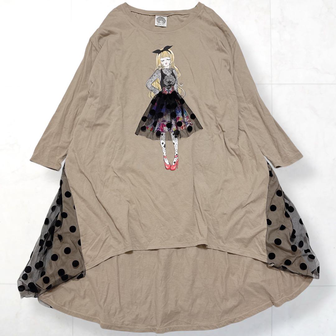 美品*ScoLar 女の子柄 ドットチュール切替ワンピース M ゆったり