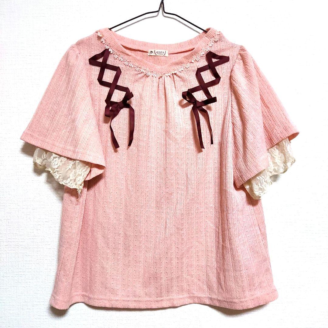 axes femme 薄ピンク 桃色 半袖ニット リボン レース 可愛い F