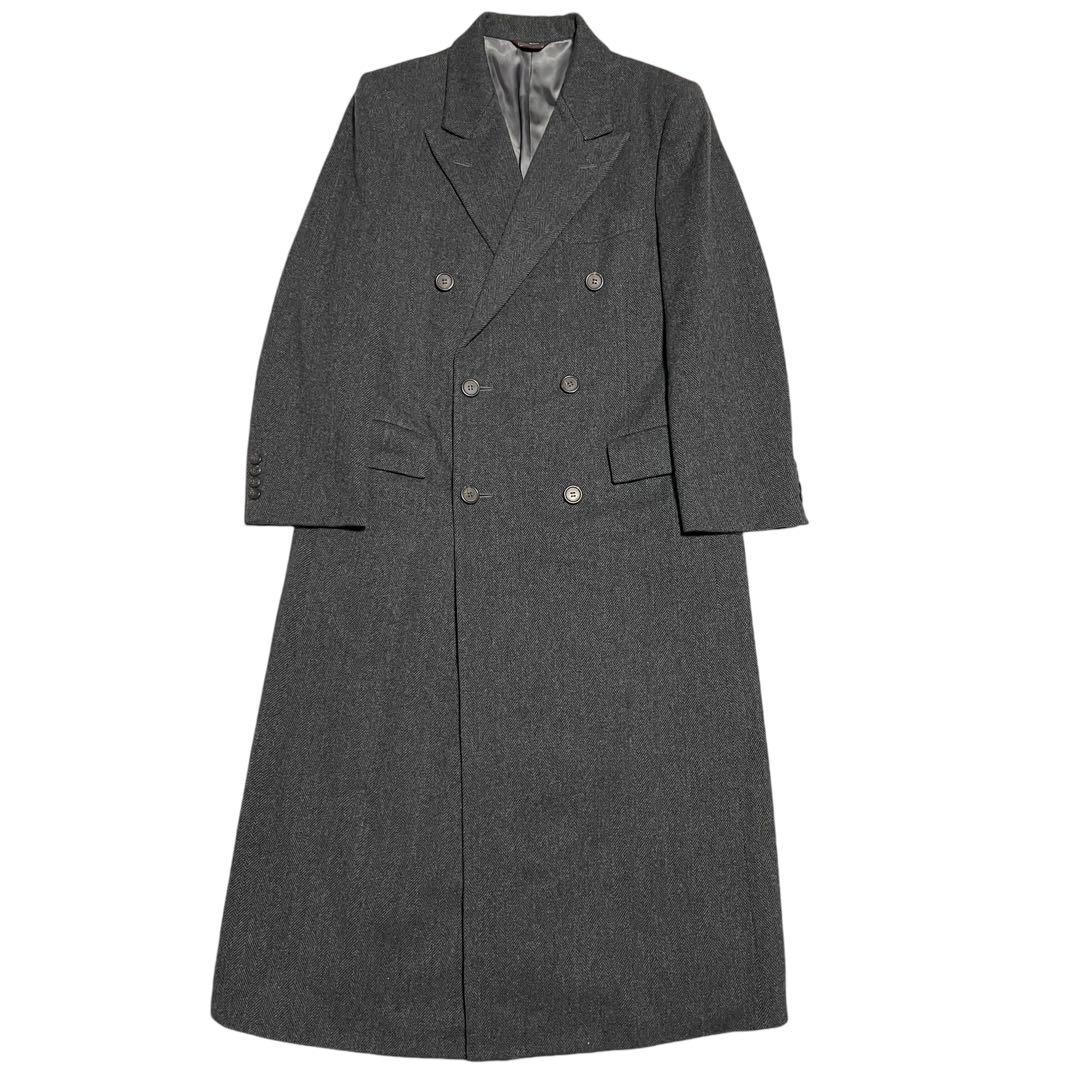 【美品】Vintage ヘリンボーン ウール ダブルチェスターコート 灰色 XL vintage】マキシ丈 ヘリンボーンウールダブルチェスターコート