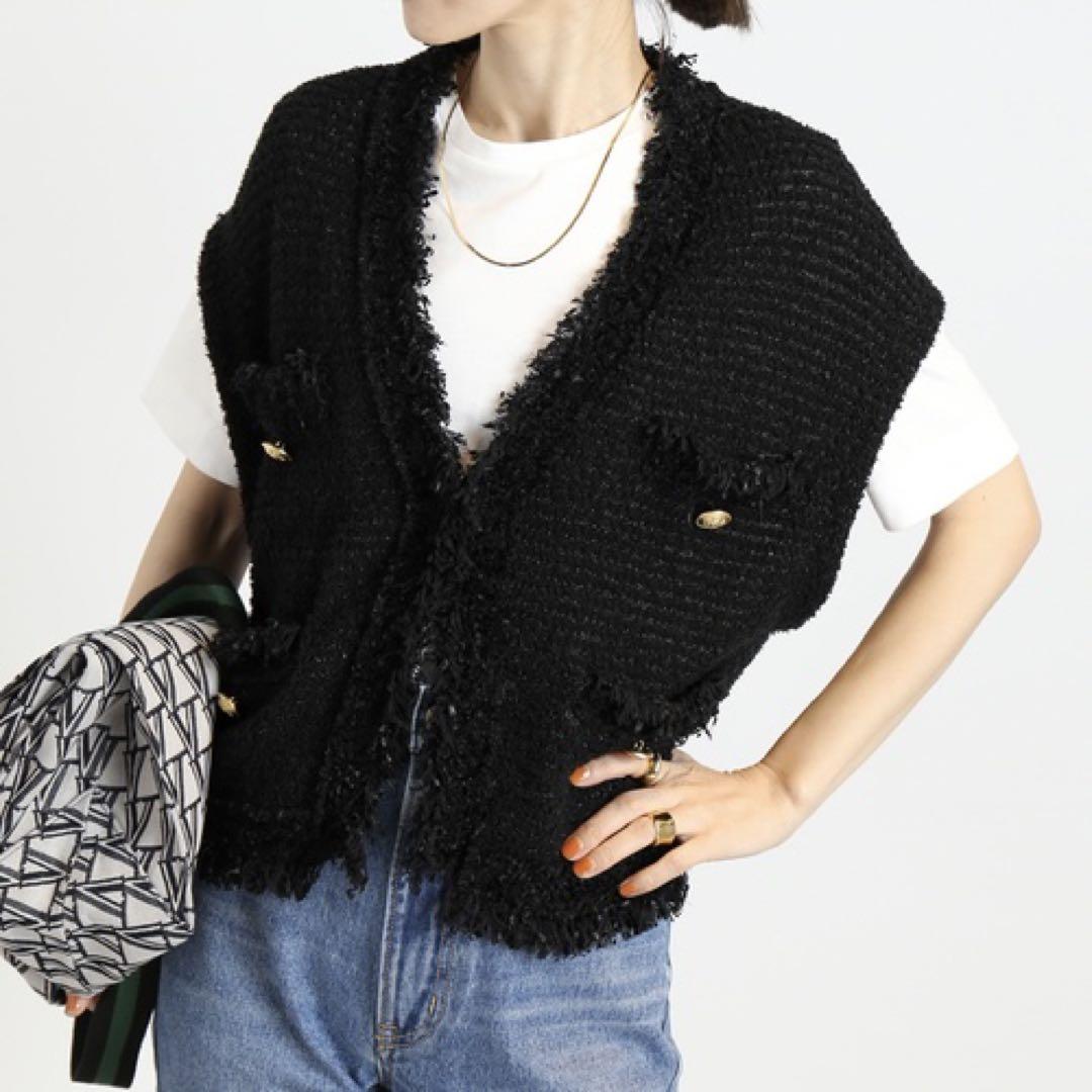 VERMEIL par iena 23awフリンジジャガードベスト ジレ 黒