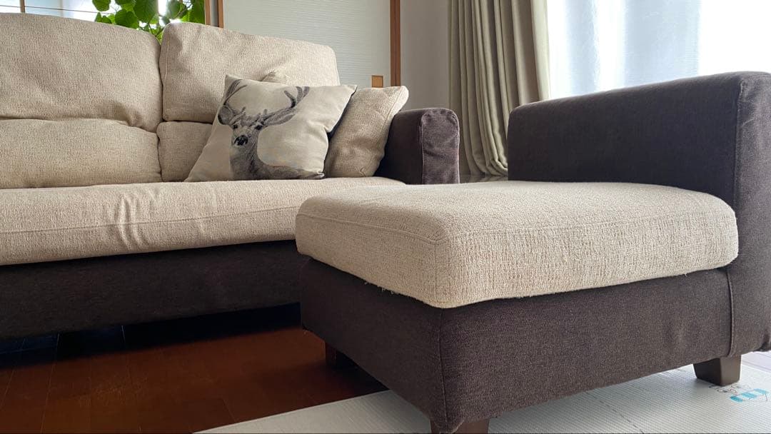 L字型ファブリックソファ ベージュとブラウンやや傷や汚れあり