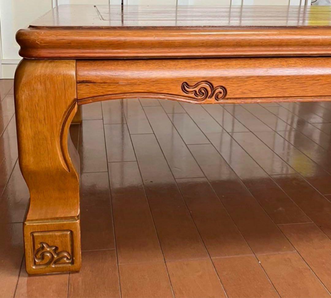 引き取り限定！木製 ダークブラウン こたつテーブル 彫刻入り