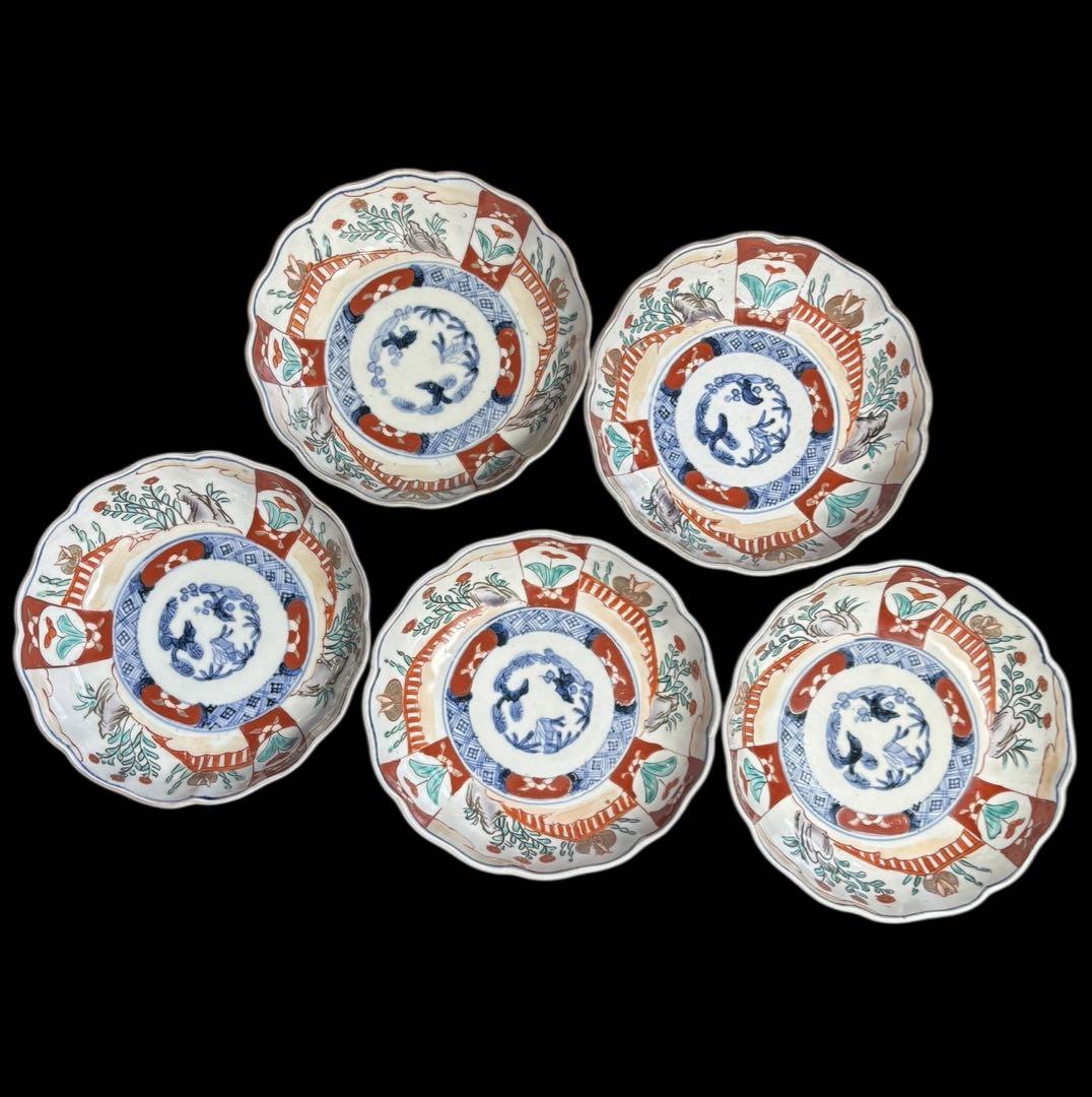 5客セット] 古伊万里 染錦 なます皿 色絵 陶器 江戸 明治 時代物