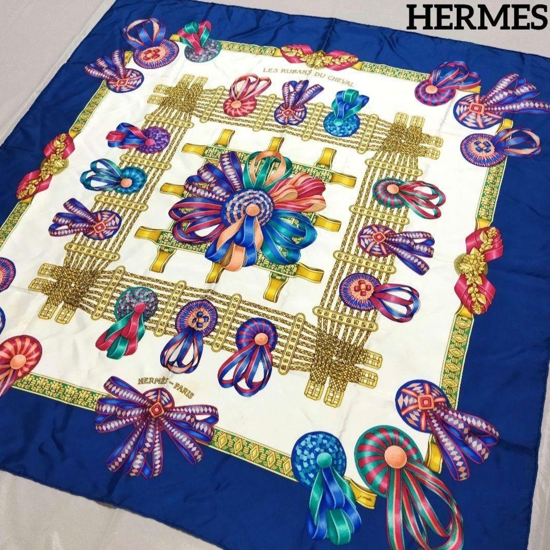 HERMES エルメス スカーフ カレ90 シルク 馬のリボン ネイビー