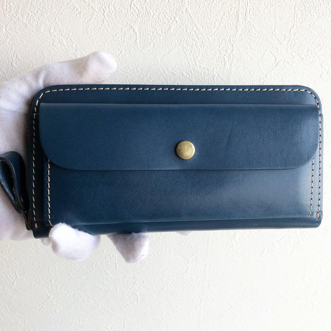 イタリアンレザー 本革 革 レザー 長財布 青ブルー ハンドメイド