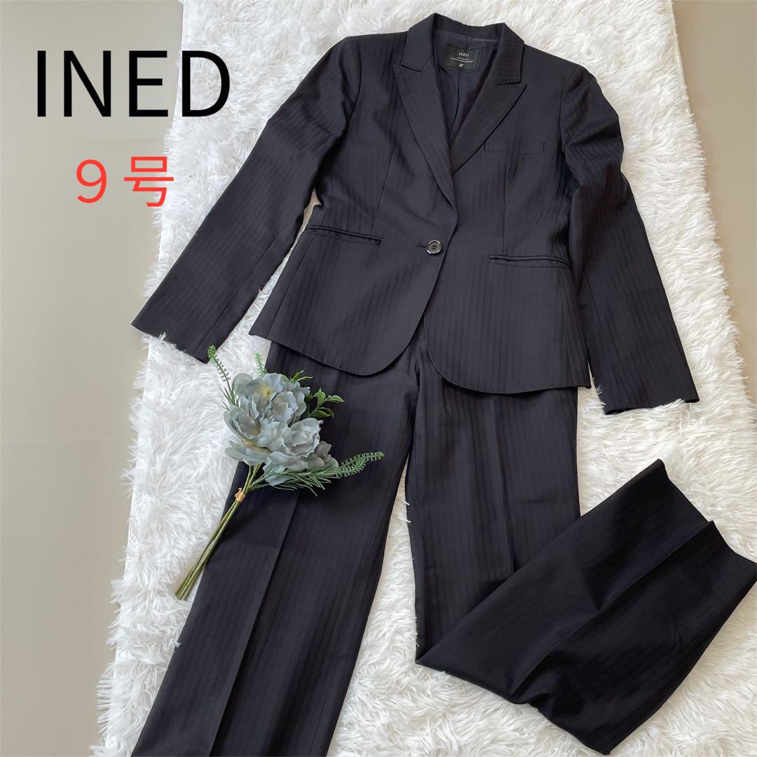 INED イネド 9号/11号 ストライプ パンツスーツ セット 絹混 日本製