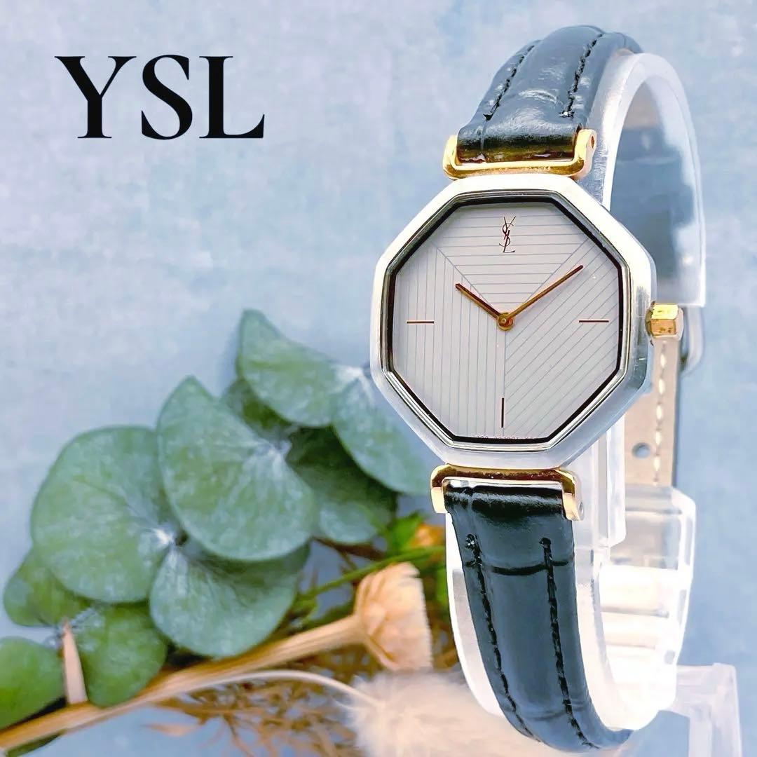 稼動品 YSL サンローラン 八角形 腕時計 オクタゴン ベルト ブラックYves Saint Laurent