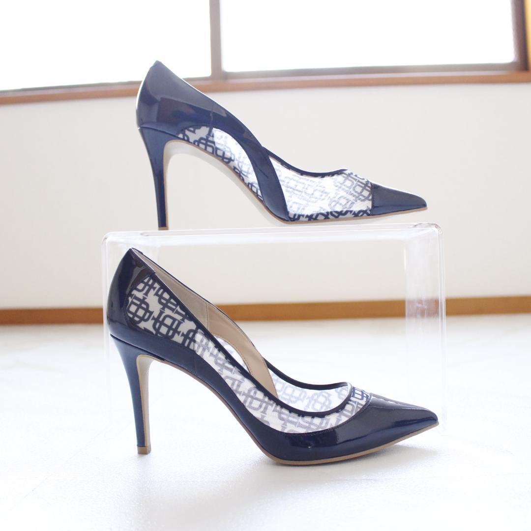 【極美品】DIANA レースパンプス 24cm 紺色 ロゴ エナメル 近年モデル