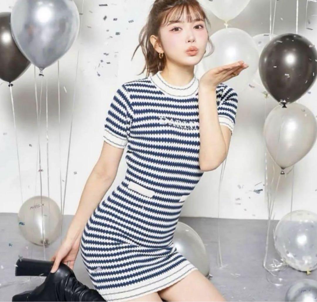 darich ボーダーニットミニワンピース NAVY