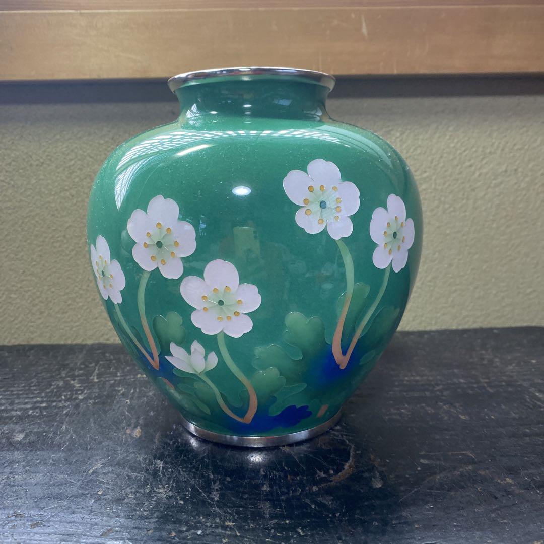 翡翠色草花図花瓶15cm16cm