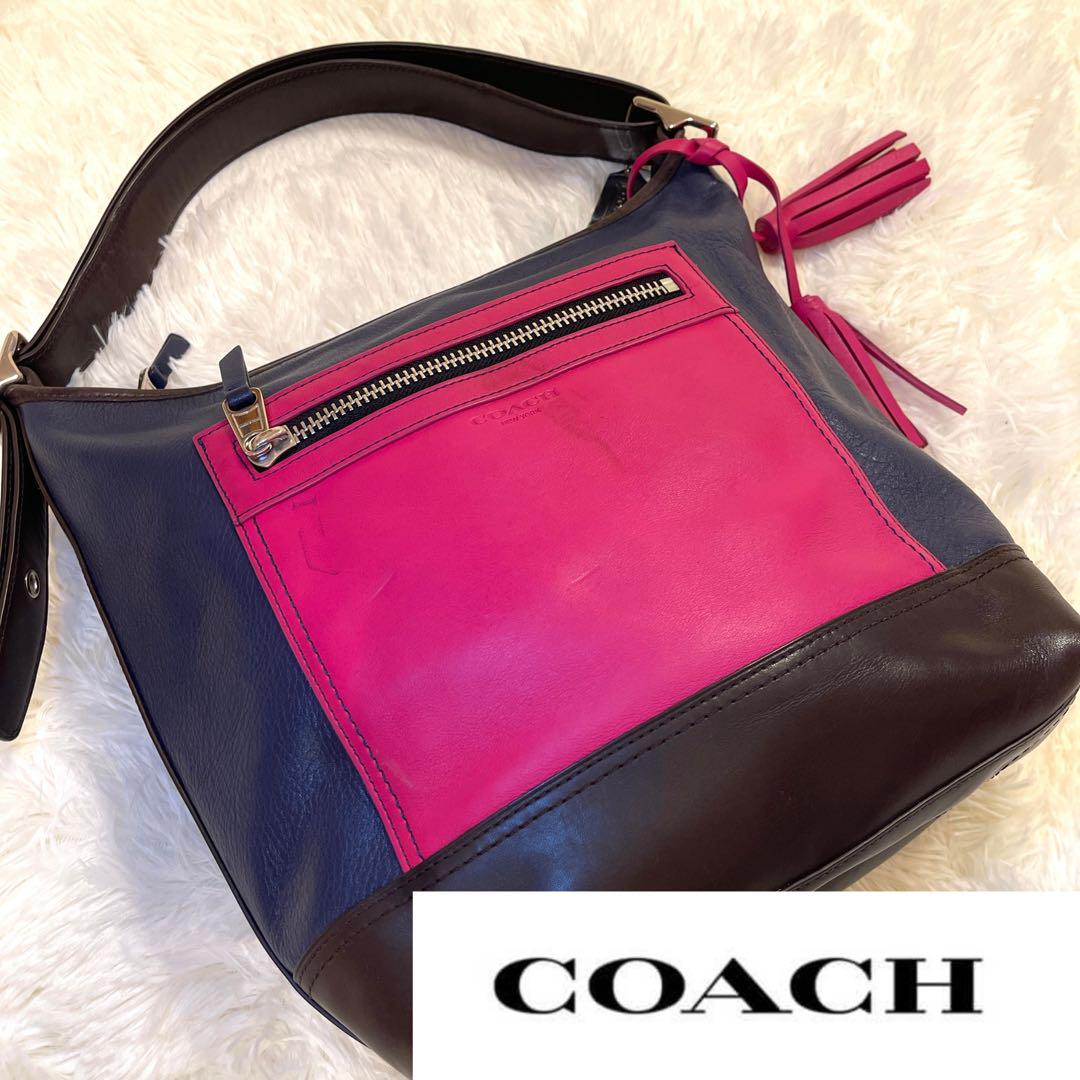 値下げ！【COACH】コーチ　レザー　ショルダーバッグ　ネイビー　ピンク
