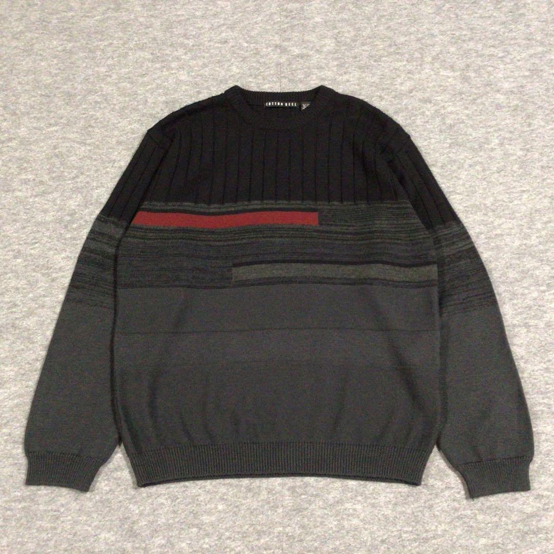 ニット セーター ブラック グレー ウール ストライプ XL 062707