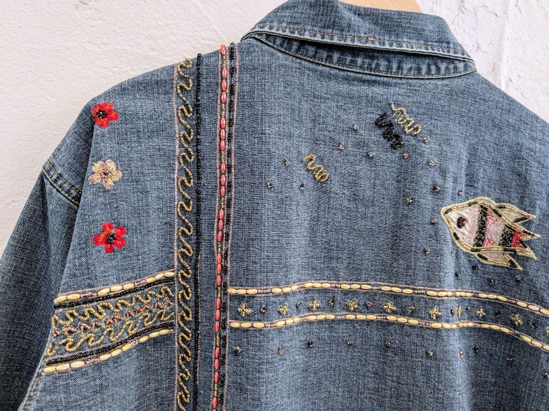 ジャケット・アウター Beads & Embroidered Design Denim Blouson