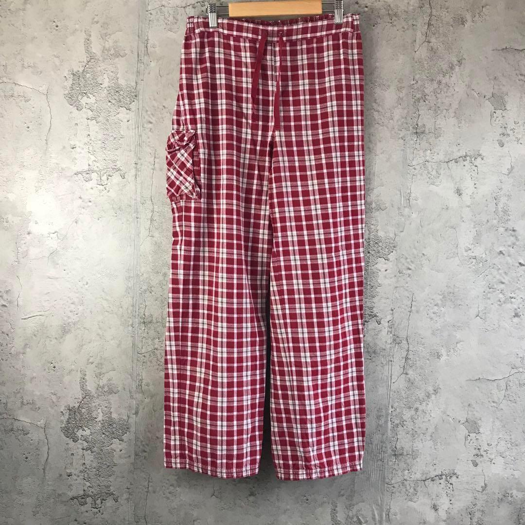 Z3703古着　チェックパンツ　パジャマパンツ　赤　白　茶　90s Y2K