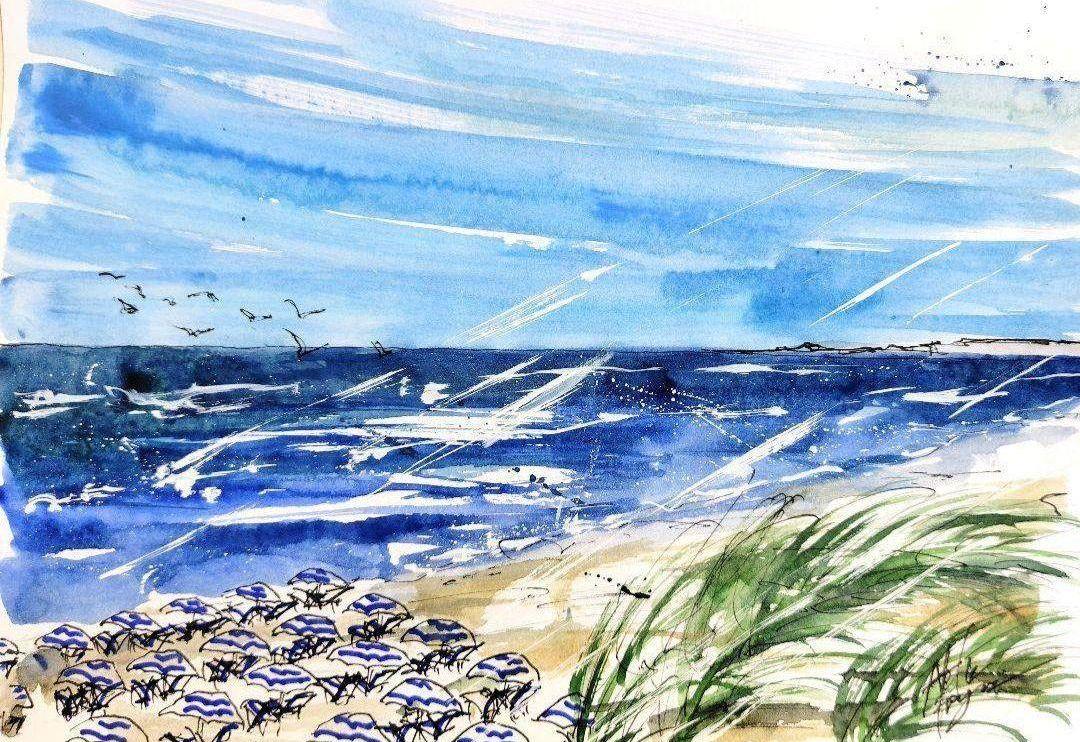 原画#3804 海 ニース フランス ビーチ 水彩画 ドローイング 風景