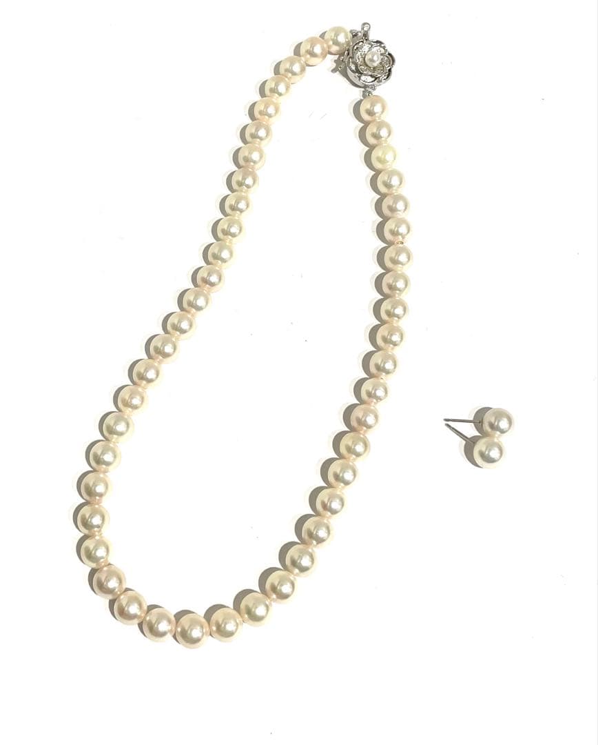 真珠 ネックレス ピアスK14WG SILVER刻印 約9mm 47珠 セット