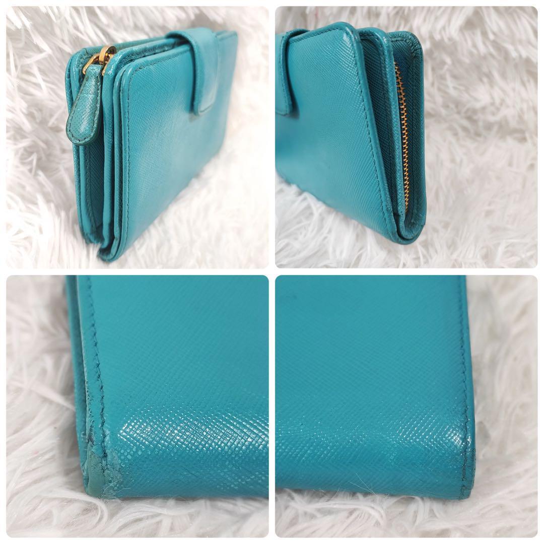 PRADA プラダ　折り財布　グリーン　ロゴ金具　サフィアーノレザー PRADA プラダ 折り財布 ロゴ金具 サフィアーノレザー ターコイズ