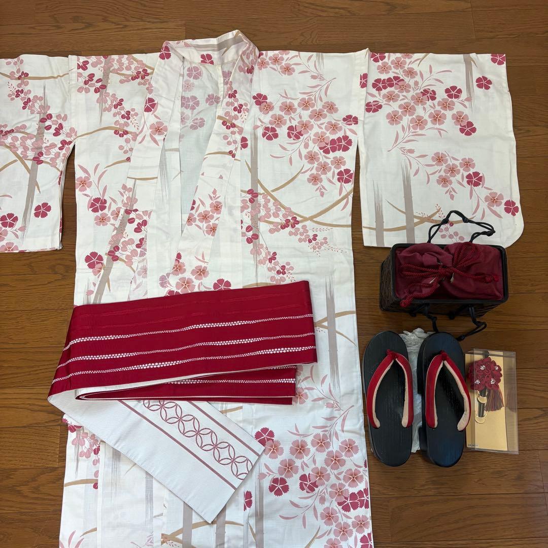 桜の花柄 浴衣 帯・下駄・バッグ付き