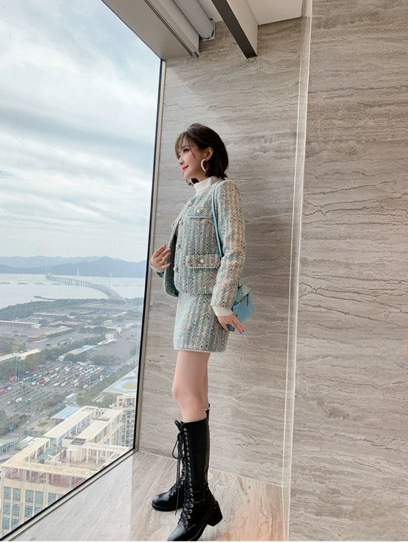 レディーススーツセット スーツセット 女性 水色ジャケット&スカートセットアップ レディーススーツセット スーツセット 女性 水色ジャケット&スカートセットアップ