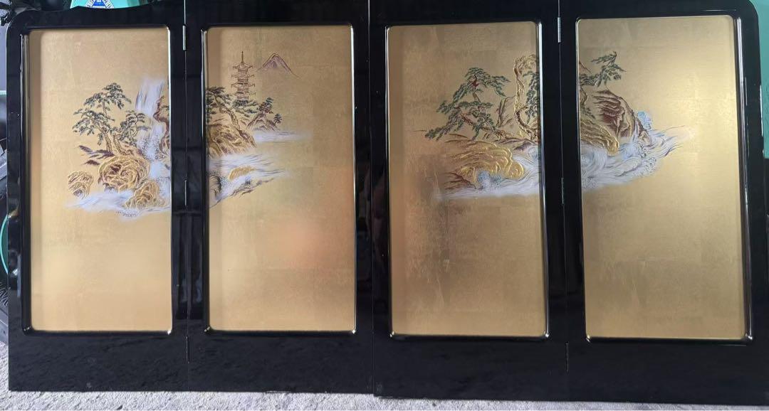 屏風漆器 手絵金箔装飾の自然景観屏風 4枚組正絹 花器 輪島塗 花瓶 狩野派