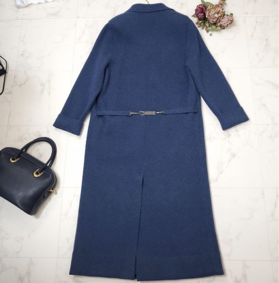 CELINE セリーヌ マキシ丈 ニットコート 44 ネイビー ロゴプレート 画像3
