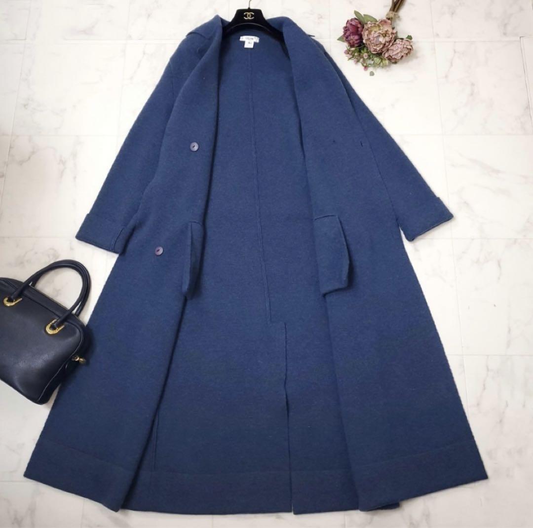 CELINE セリーヌ マキシ丈 ニットコート 44 ネイビー ロゴプレート 画像4