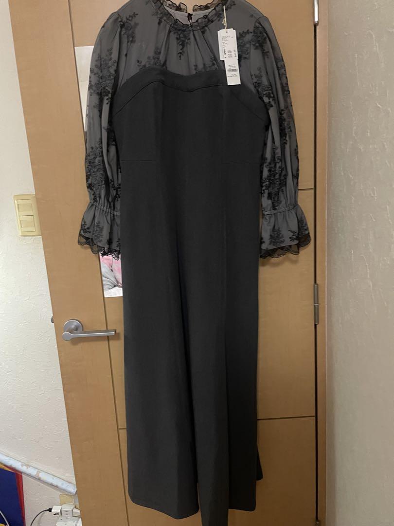 mysty woman グレー レース装飾 長袖ワンピース