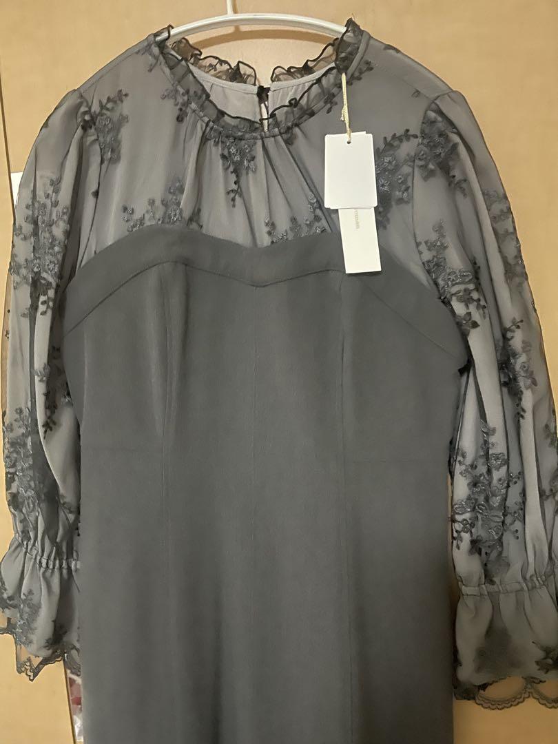 mysty woman グレー レース装飾 長袖ワンピース mysty woman グレー レース装飾 長袖ワンピース - メルカリ