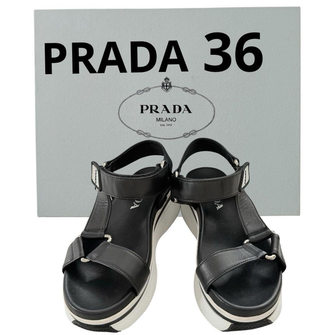PRADA プラダ スクエアトゥ キャンバス レザー 厚底 サンダル 24.5