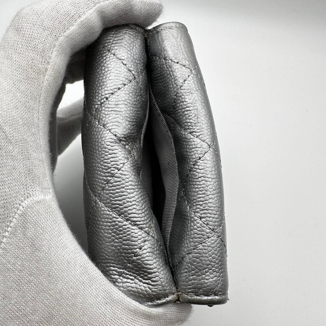 CHANEL シャネル キャビアスキン マトラッセ 三つ折り財布 シルバー