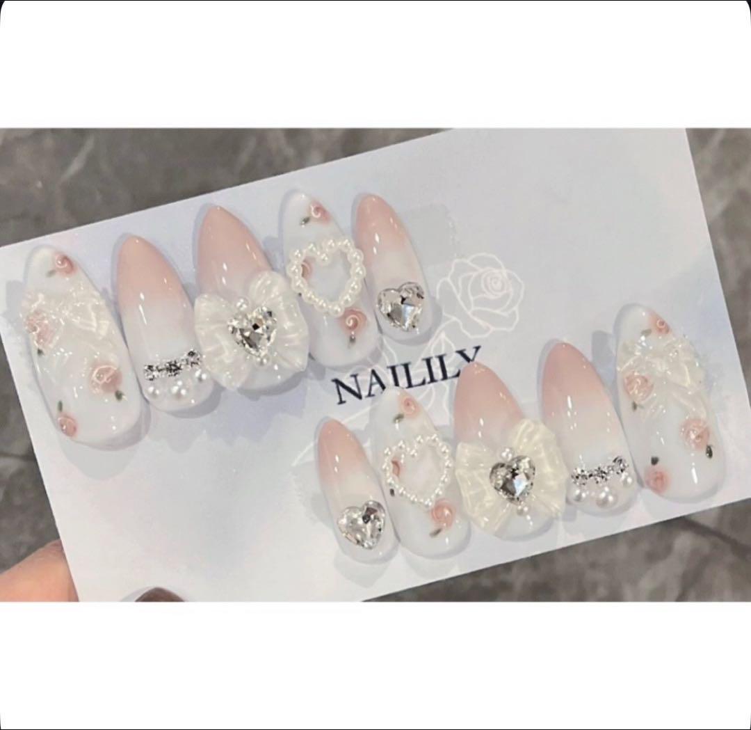 オーダーページ‪‪❤︎‬ネイルチップ 水色 韓国 量産型 リボン ハート 薔薇 現品 即購入可 ネイルチップ 薔薇 リボン ハート ガーリー 韓国