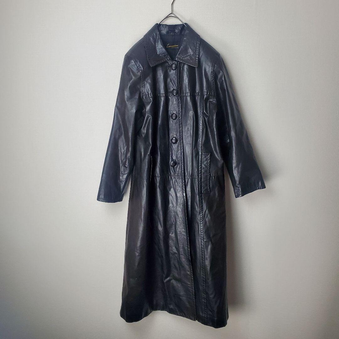 本革 牛革 ロングレザーコート ブラック 木製ボタン レトロ 古着 本革 牛革 ロングレザーコート ブラック 木製ボタン レトロ 古着