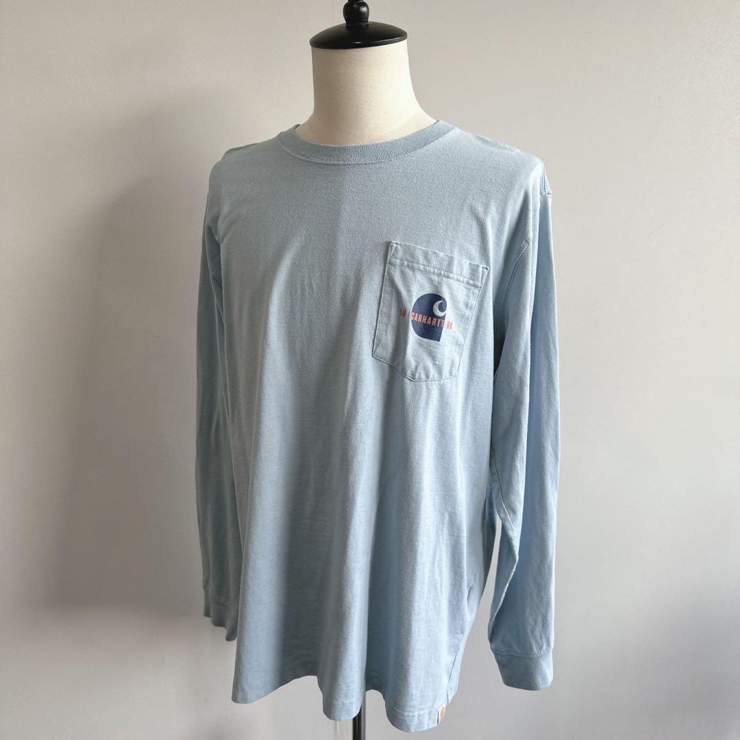 カーハートロングスリーブTシャツ水色メンズXLサイズバックプリント7218