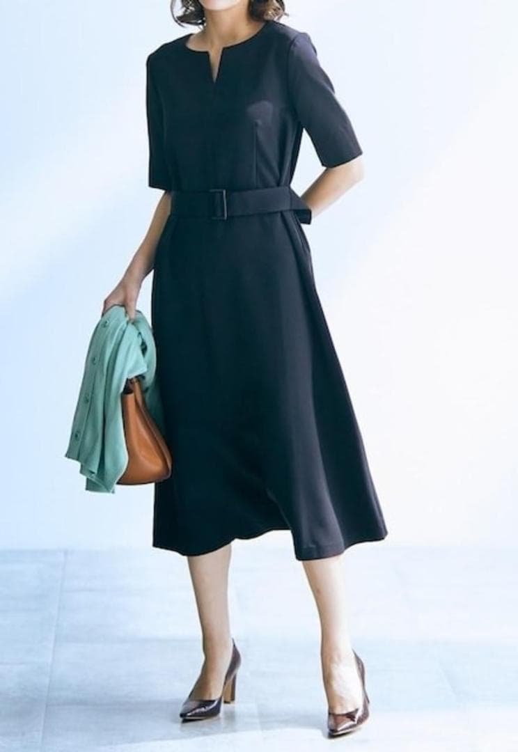 新品☆Lトール♪黒系無地♪わけあり♪洗える上品ワンピース〇A945