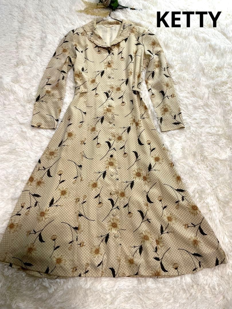 KETTY ケティ花柄ロングワンピース 刺繍襟 レトロ 90年代 ベージュ