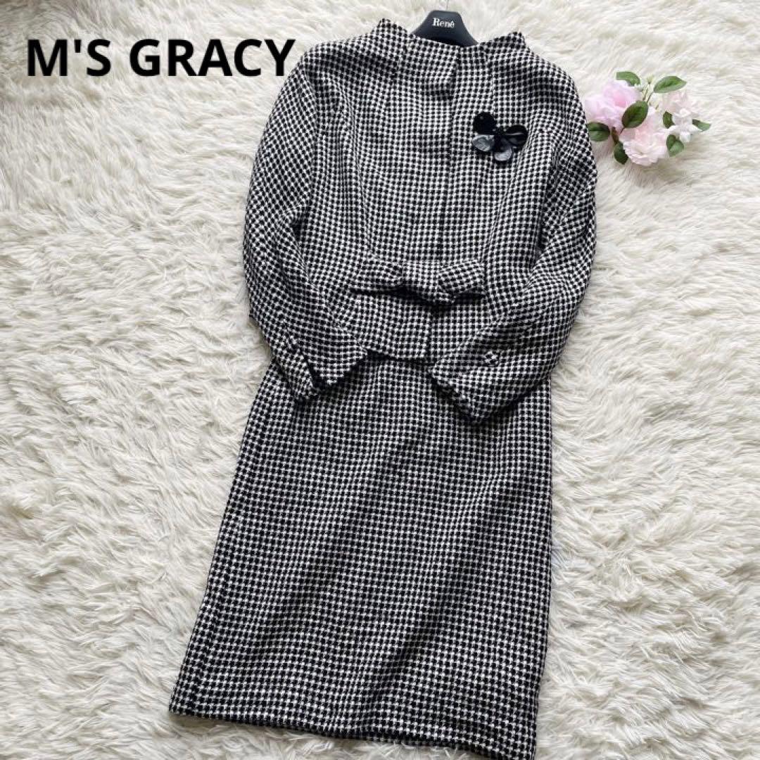 ラウンド エムズグレイシー ノーカラー 千鳥柄 38 シルク混