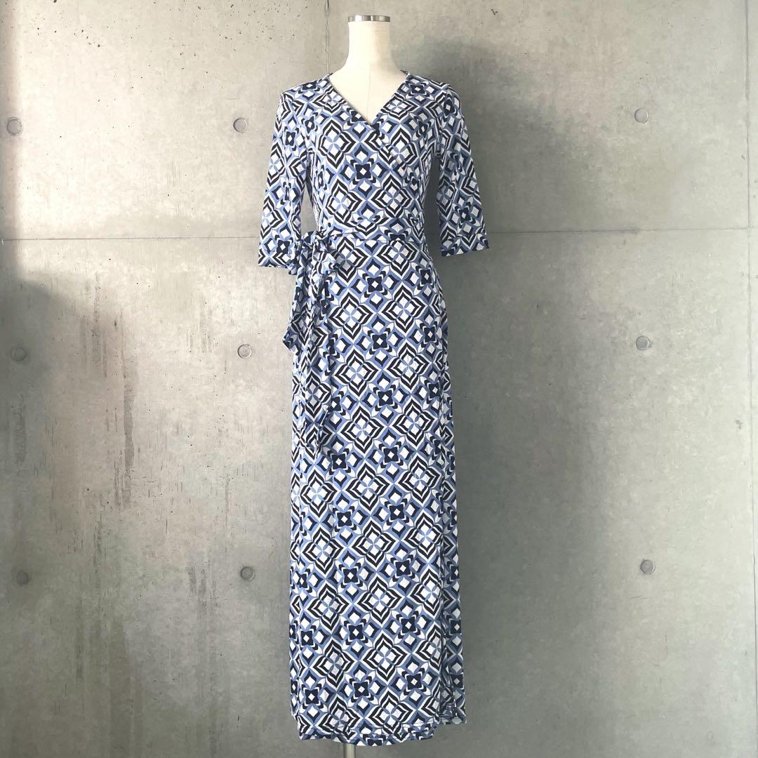 新品タグ付きジャージー素材ロングカシュクールワンピースラップワンピースブルー系 7,900円