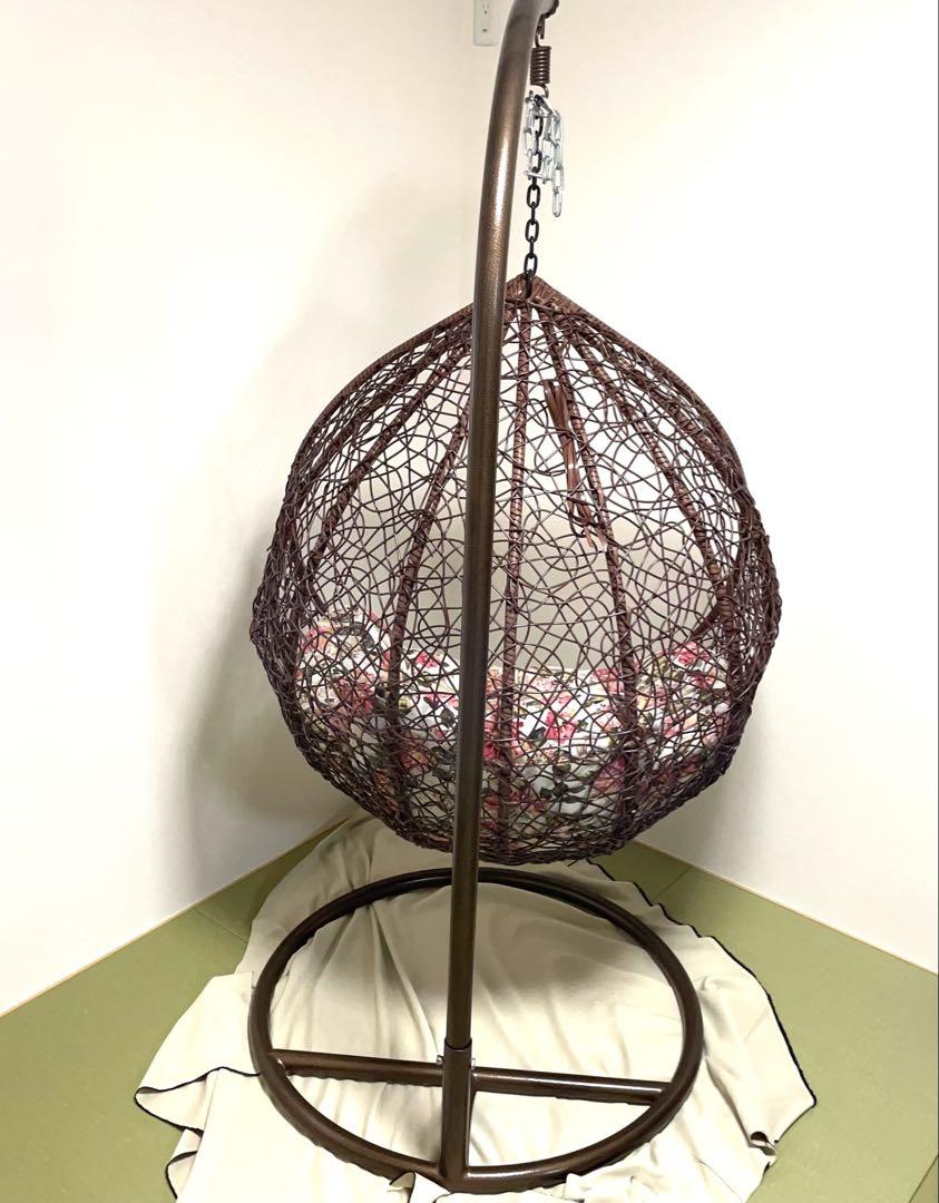 ◆【直接受渡し限定】ハンギングチェア 花柄クッション付き ブラウン ◇【直接受渡し限定】ハンギングチェア 花柄クッション付き